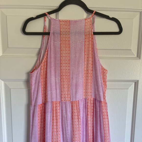 Oliphant coral pink and white block print tiered cotton tassle tie maxi dress S - Picture 7 of 13